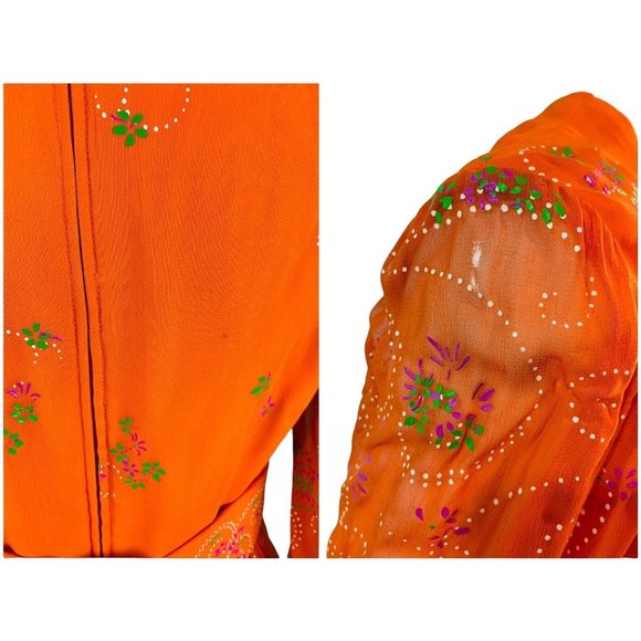 Vintage 1960s Cocktail Dress Orange Sheer Sleeves Hand Painted Floral Dolly - Picture 10 of 10